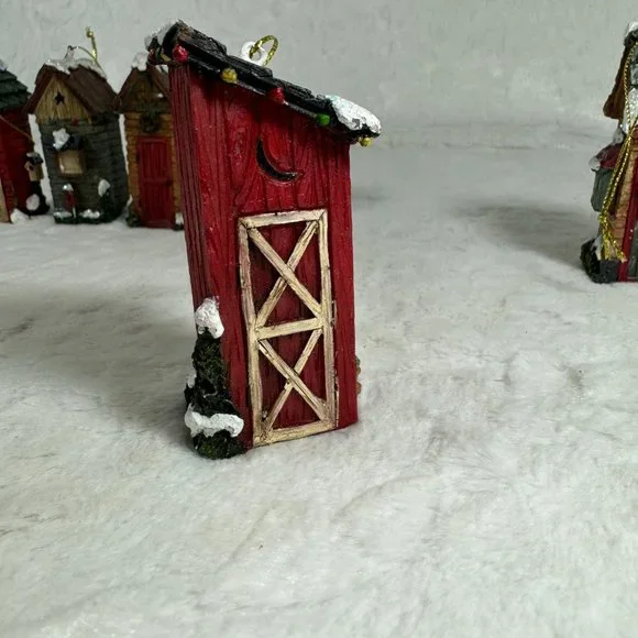 Set of 6 Christmas hanging ornaments Outhouses Resin 3 1/2" tall different style - Picture 6 of 12